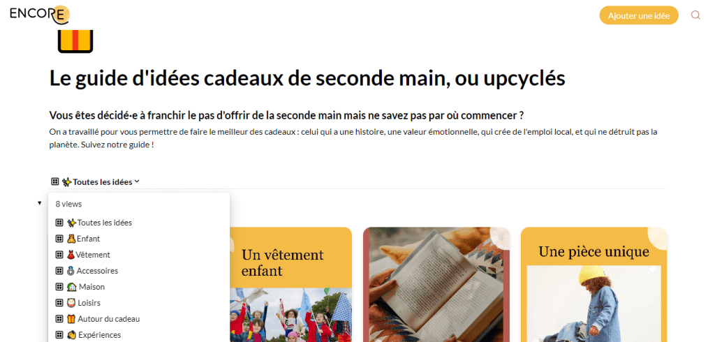 Copie d'écran du site Encore pour les achats de seconde main.
On y voit les différentes catégories de produits et des exemples comme les vêtements enfant