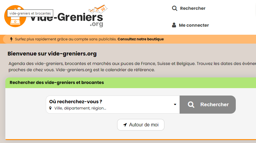 Copie d'écran du site vide-greniers.org avec la barre de recherche